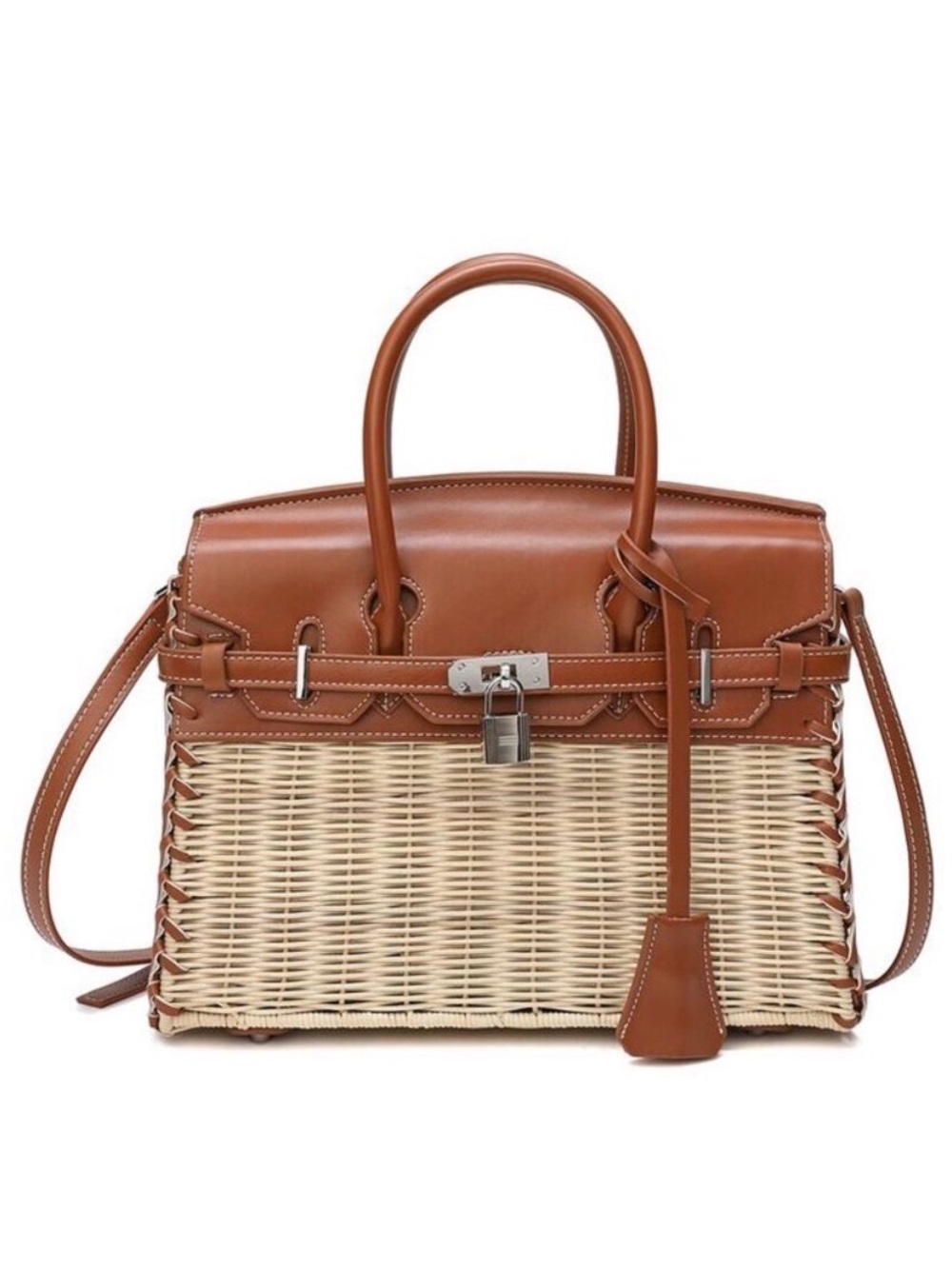 Tiffany & Fred Smooth Leather & Straw Top Handle Satchel